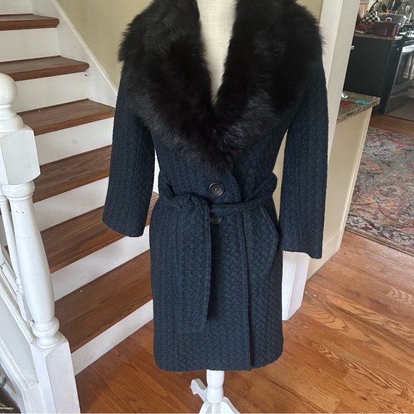 Banana Republic Teal/Black Wool Coat with Detachable Shearling Fur Collar XSP - Picture 1 of 14
